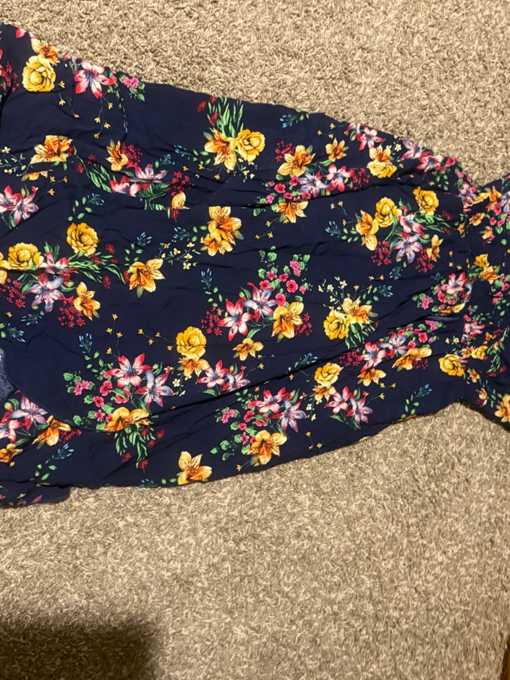 Navy Floral High-Low Dress with Yellow Accents